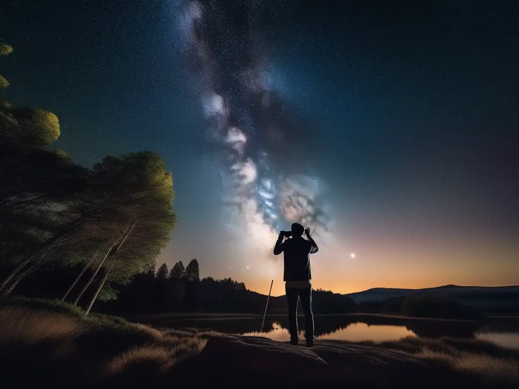 Fotógrafo capturando la Vía Láctea Consejos para fotografiar la vía láctea, noche estrellada y paisaje tranquilo con fotógrafo profesional y cámara de gran angular