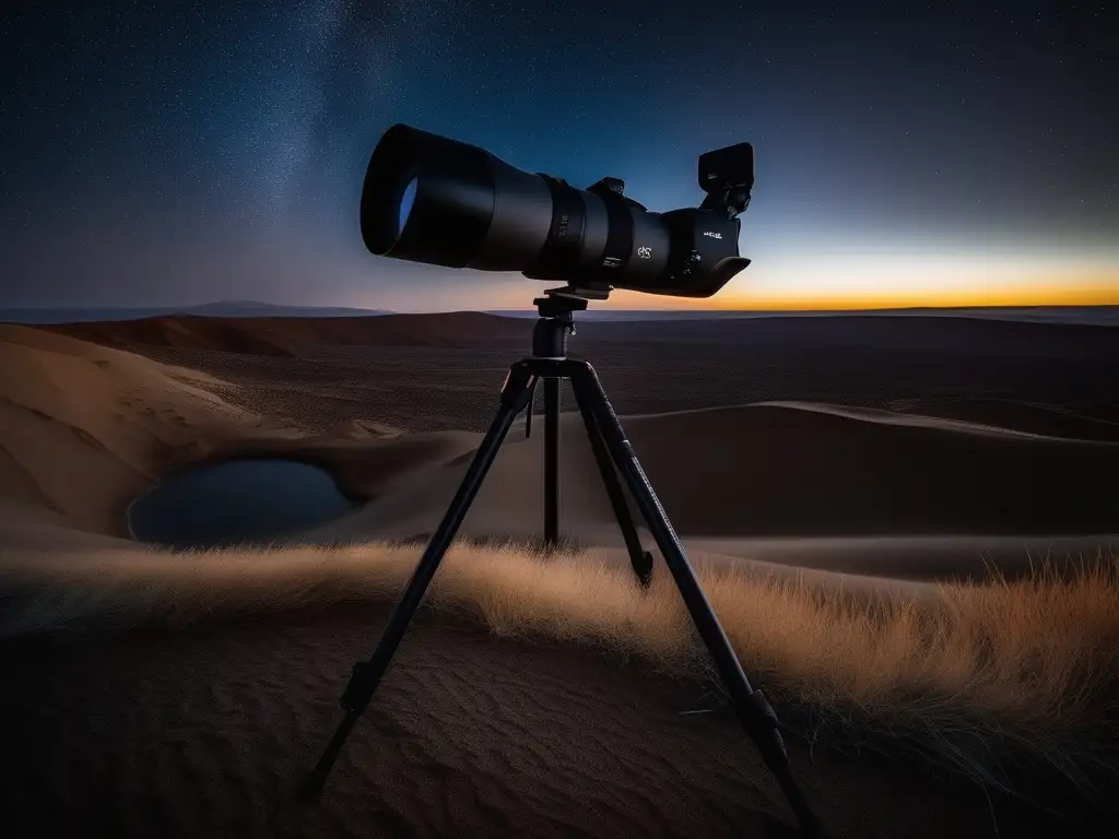Equipo esencial: Cámara y trípode hacia el cielo estrellado Equipos recomendados astrofotografía estelar, cámara negra en trípode capturando la belleza de la Vía Láctea
