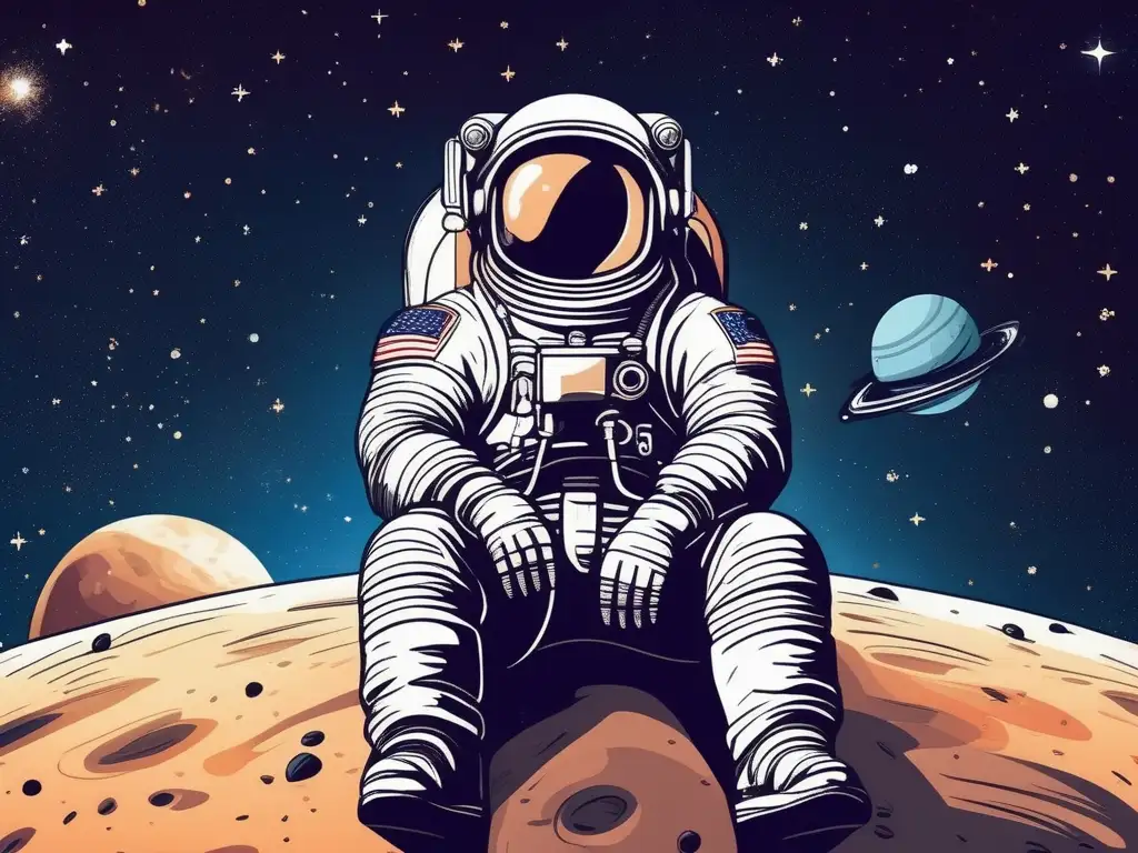 Astronauta flotando en el espacio Consejos para reducir ansiedad espacial: Astronauta sereno flotando en el espacio rodeado de estrellas y galaxias