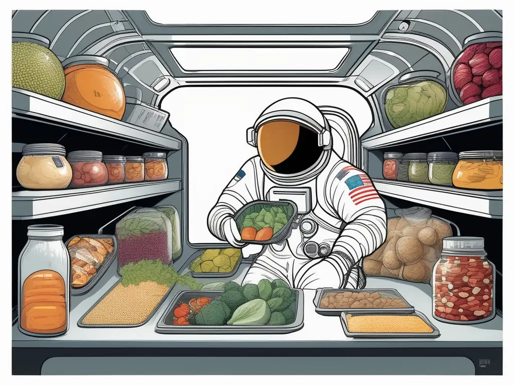 Astronauta examinando comida espacial Astronauta examinando comida espacial: Alimentación espacial saludable