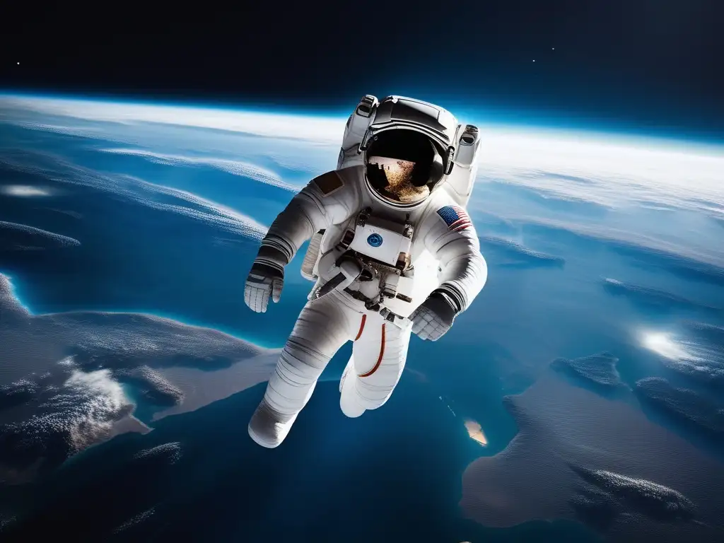 Astronauta flotando en el espacio con la Tierra de fondo Impacto del turismo espacial: astronauta flotando en el espacio con vista a la Tierra, resalta belleza y fragilidad del planeta