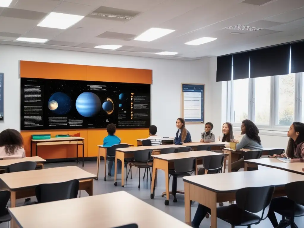 Aula inclusiva y tecnológica de astronomía Aula moderna con estudiantes diversos y tecnología inclusiva en astronomía educativa