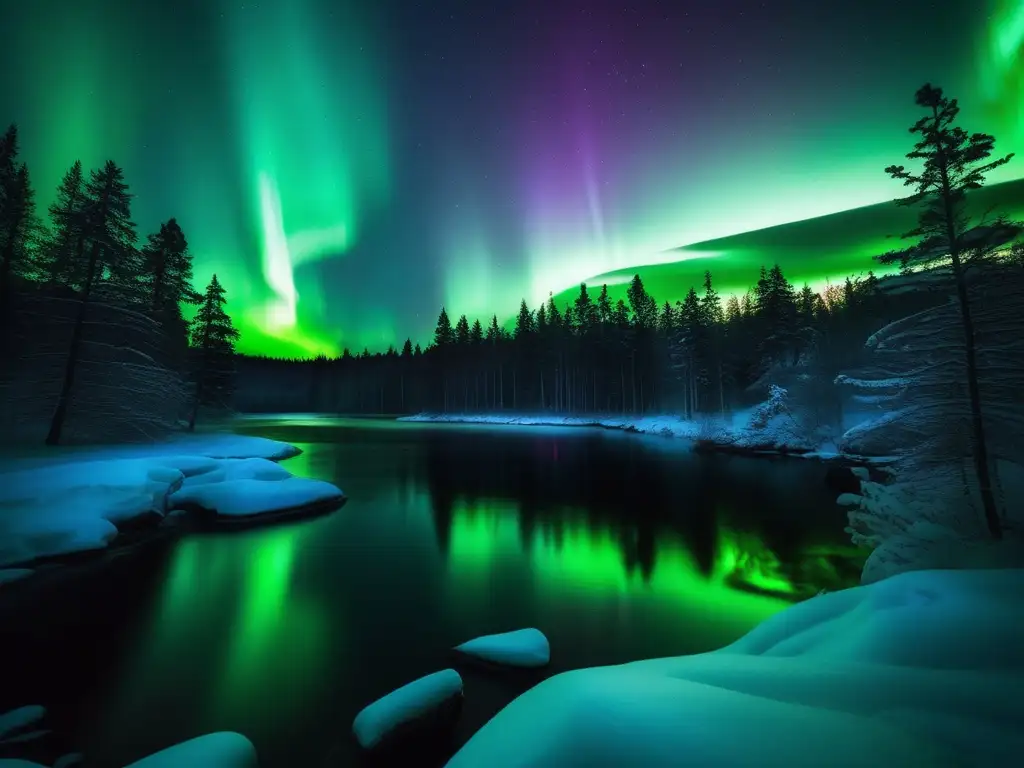 Aurora boreal en el cielo nocturno de Suecia Aurora boreal deslumbrante en el cielo nocturno de Suecia, rodeada por un bosque sereno