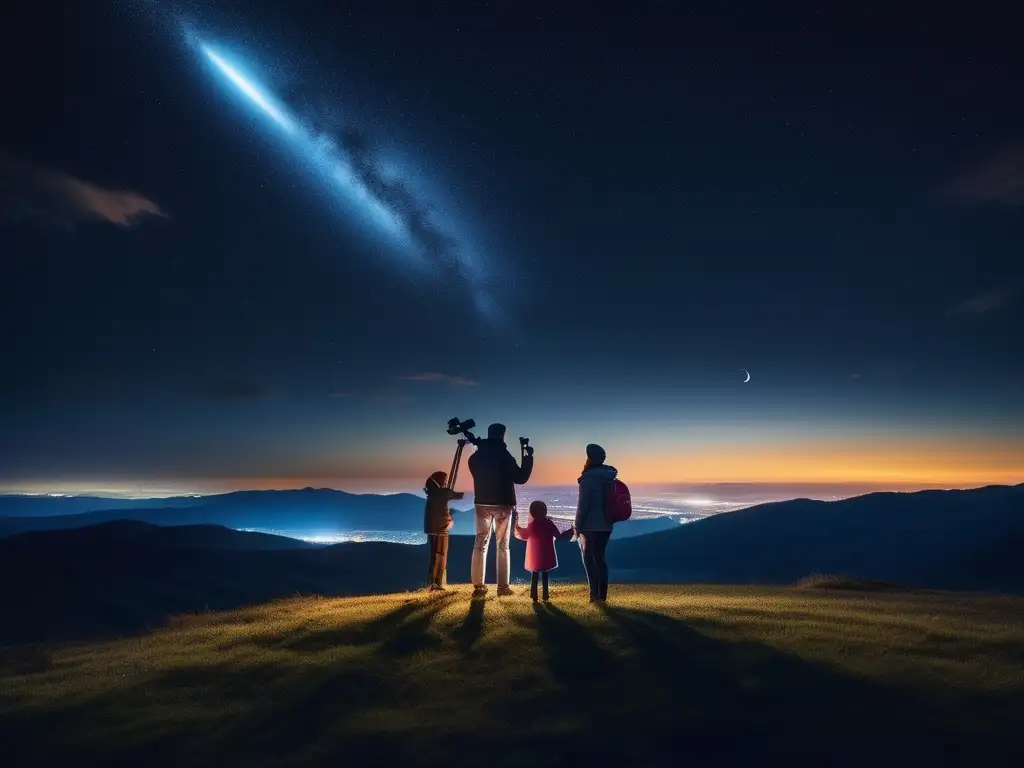 Familia en la cima, observando cosmos Familia observa el cielo nocturno con telescopio, preparación niños turismo astronómico