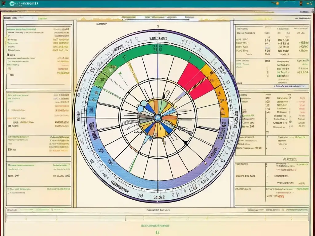 Astrología precisa en pantalla moderna Influencia de tránsitos planetarios en astrología: software moderno muestra gráfico astral con colores vibrantes y precisión en cálculos