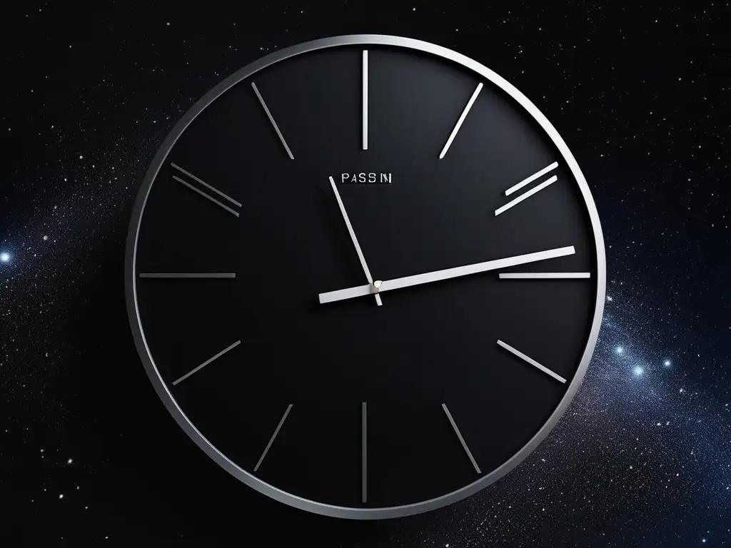 Reloj minimalista en el espacio Concepto básico del tiempo espacial: un reloj minimalista flotando en el espacio, con diseño moderno y fondo estrellado