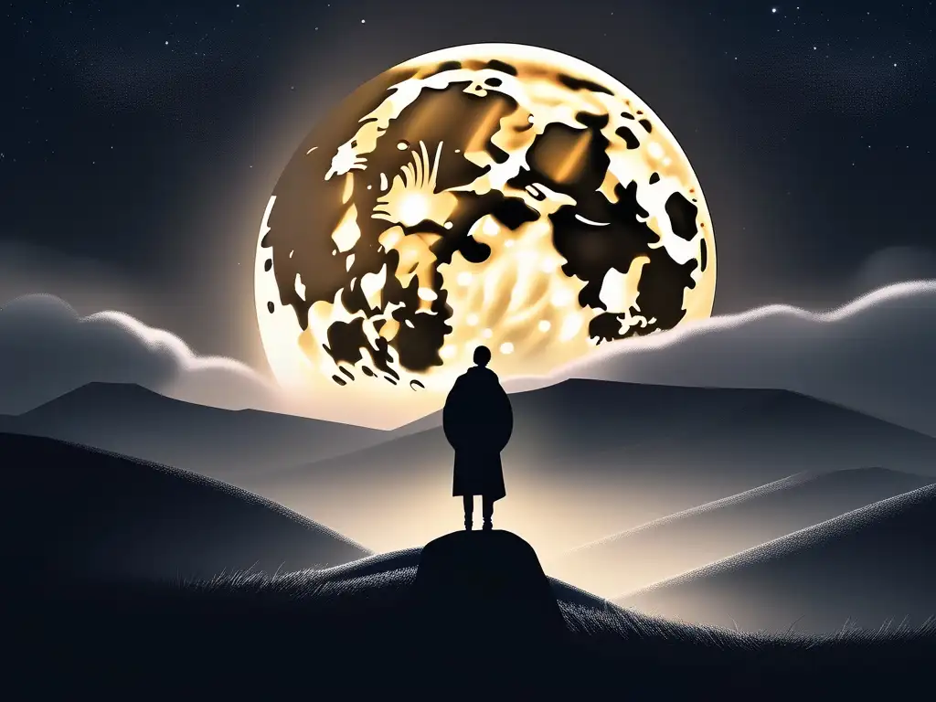 Escena nocturna con luna llena y figura silueteada Influencia de eclipses y tránsitos en literatura y cine: Imagen impresionante de una escena minimalista y moderna con una noche serena, luna llena brillante rodeada de nubes y una figura admirando el espectáculo celeste