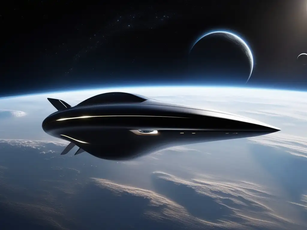 Elegante nave espacial en el vasto espacio Turismo espacial: nave futurista flotando en el espacio, reflejando estrellas y con diseño minimalista