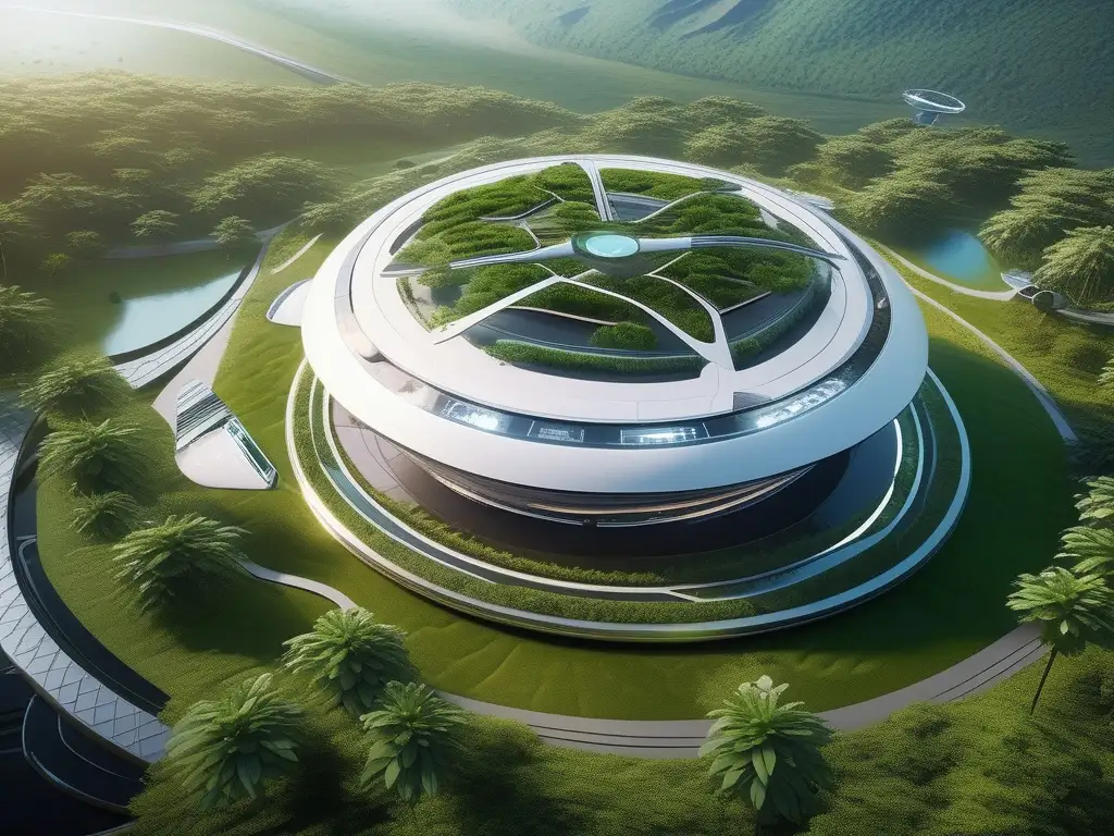 Futurístico espacio verde con puerto espacial y naves eco Empresas turismo espacial futuro: Futurista espacioport en paisaje verde con arquitectura minimalista y naves ecoamigables