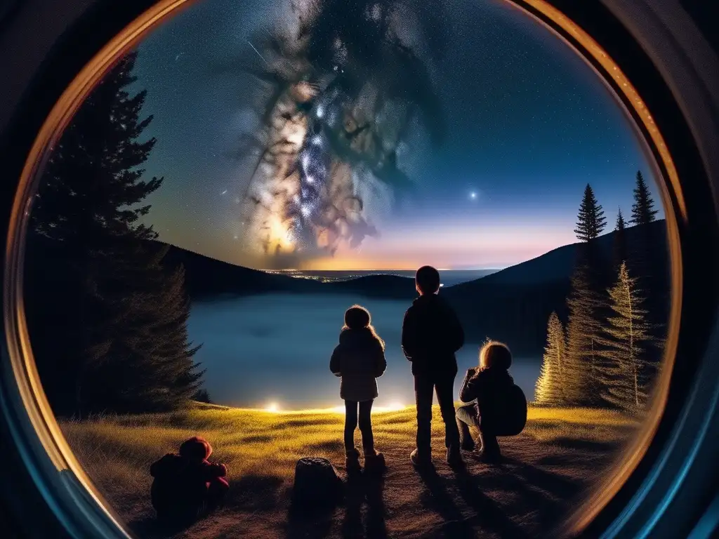 Noche estrellada, niños maravillados y un telescopio moderno Oportunidades de turismo astronómico con niños bajo un cielo estrellado lleno de maravillas celestiales