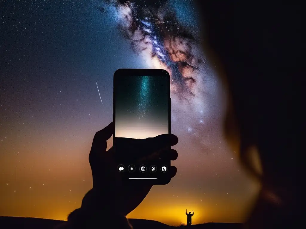 Noche estrellada capturada con smartphone Guía práctica astrofotografía smartphone: noche estrellada con persona utilizando app de astrofotografía en smartphone