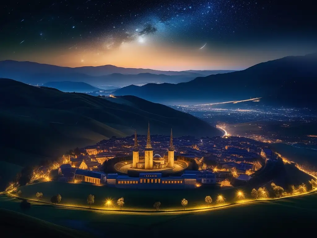 Noche estrellada: ciudad antigua y observatorio en armonía Turismo astronómico en la antigüedad: ciudad antigua bajo un cielo estrellado, con observatorio y paisaje místico