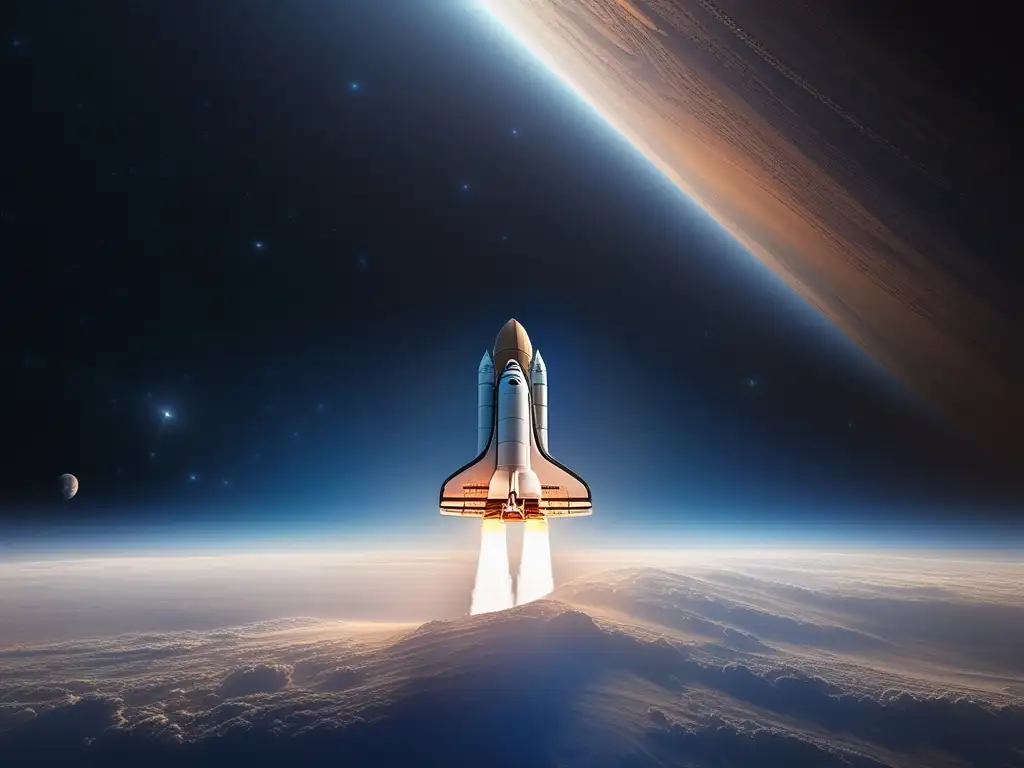 Nave espacial futurista surcando el espacio Impresionante imagen 8k de un transbordador espacial futurista surcando el espacio, con la Tierra de fondo