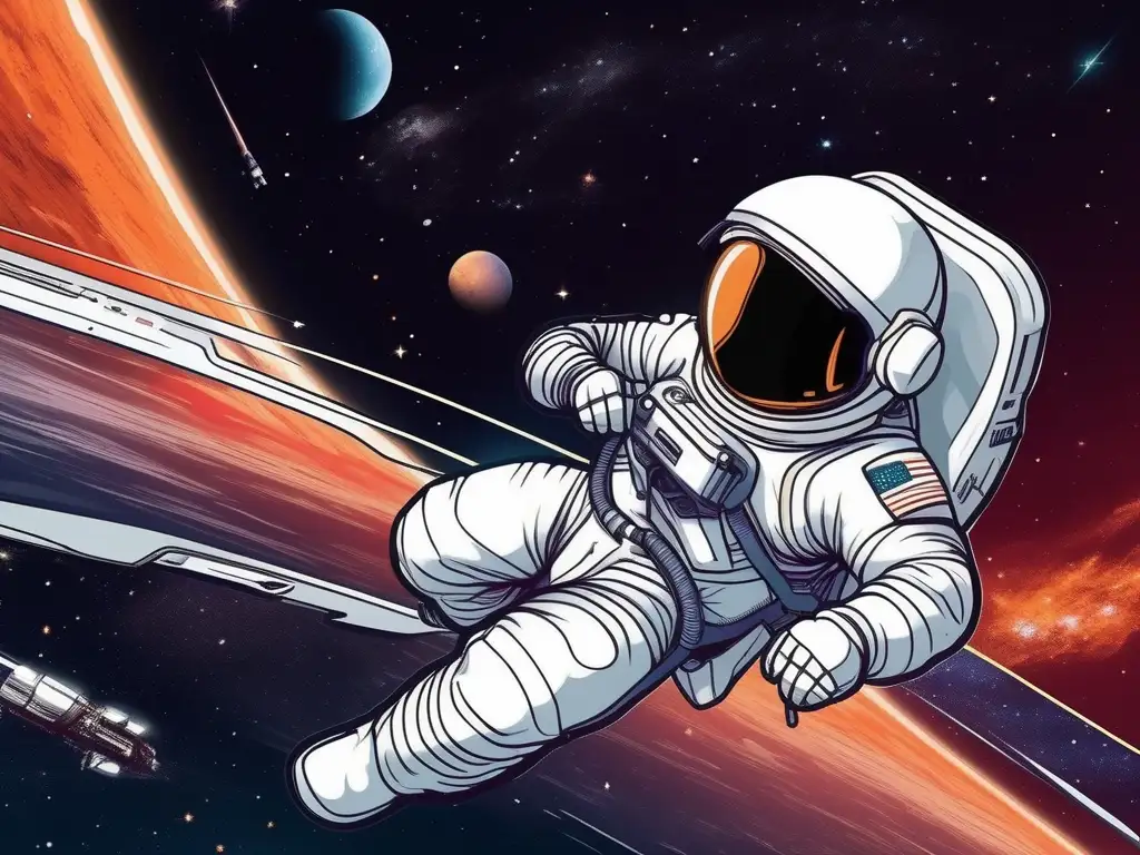 Astronauta flotando en el espacio rodeado de una nave futurista Alimentación espacial saludable: consejos para exploradores - Astronauta flotando en el espacio rodeado de una nave futurista minimalista