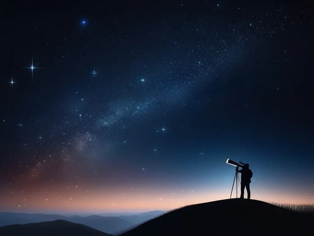 Noche estrellada con persona observando el cosmos Equipo esencial explorador cosmos bajo un cielo estrellado con persona y telescopio