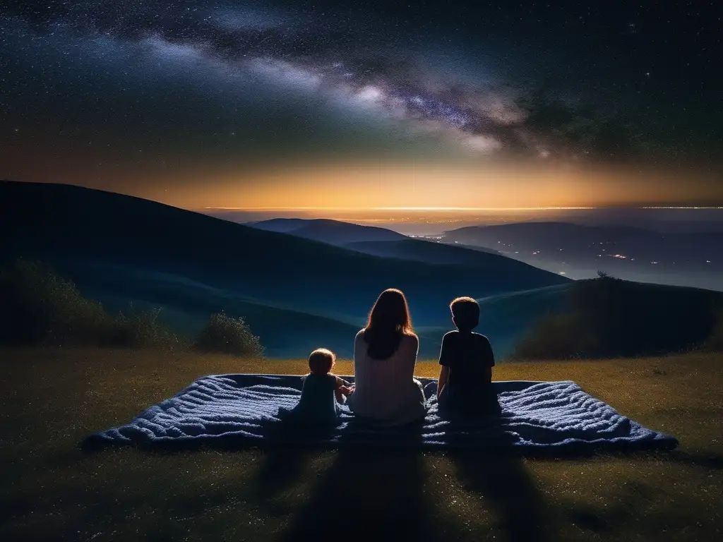 Familia admirando estrellas en la noche Familia admirando hermoso cielo estrellado en actividad educativa de turismo astronómico
