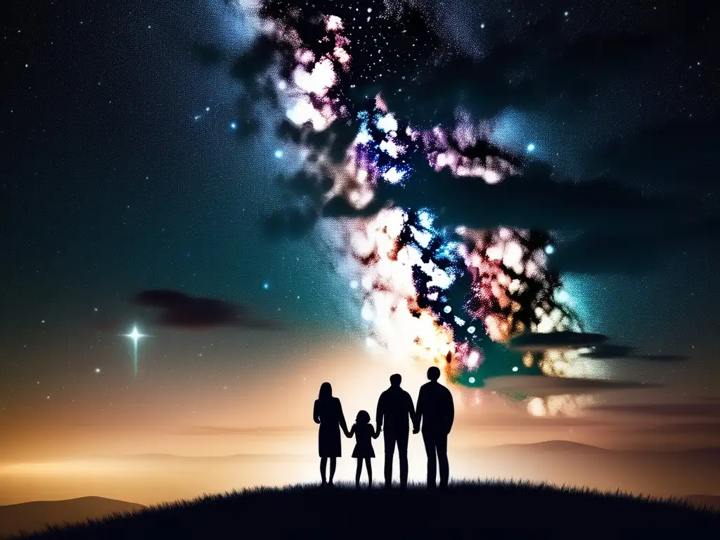 Familia disfrutando de la noche estrellada Oportunidades de turismo astronómico con niños: Familia admirando cielo estrellado, vía láctea y siluetas en colina