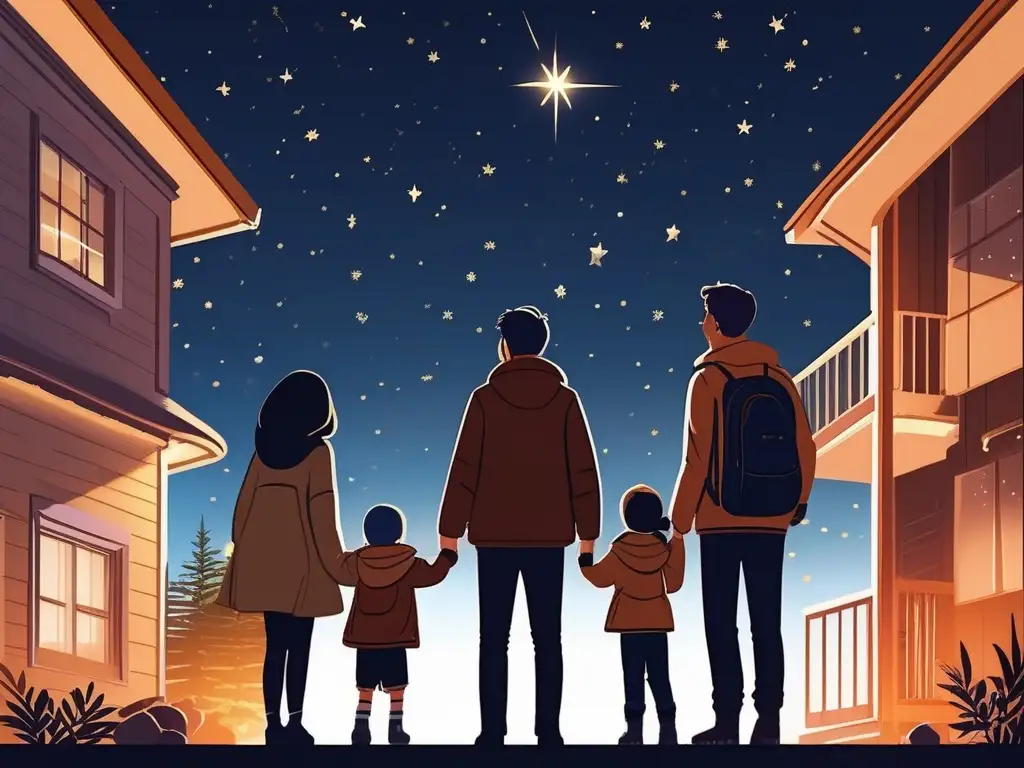 Familia admirando el cielo estrellado Preparación niños turismo astronómico: Familia admirando estrellas en el cielo nocturno