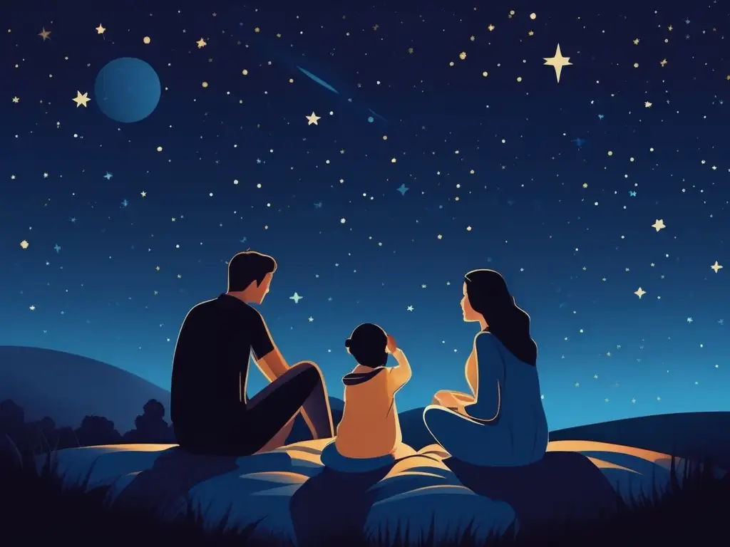 Familia admirando estrellas Viaje astronómico en familia: ilustración minimalista de una familia observando las estrellas en el cielo nocturno