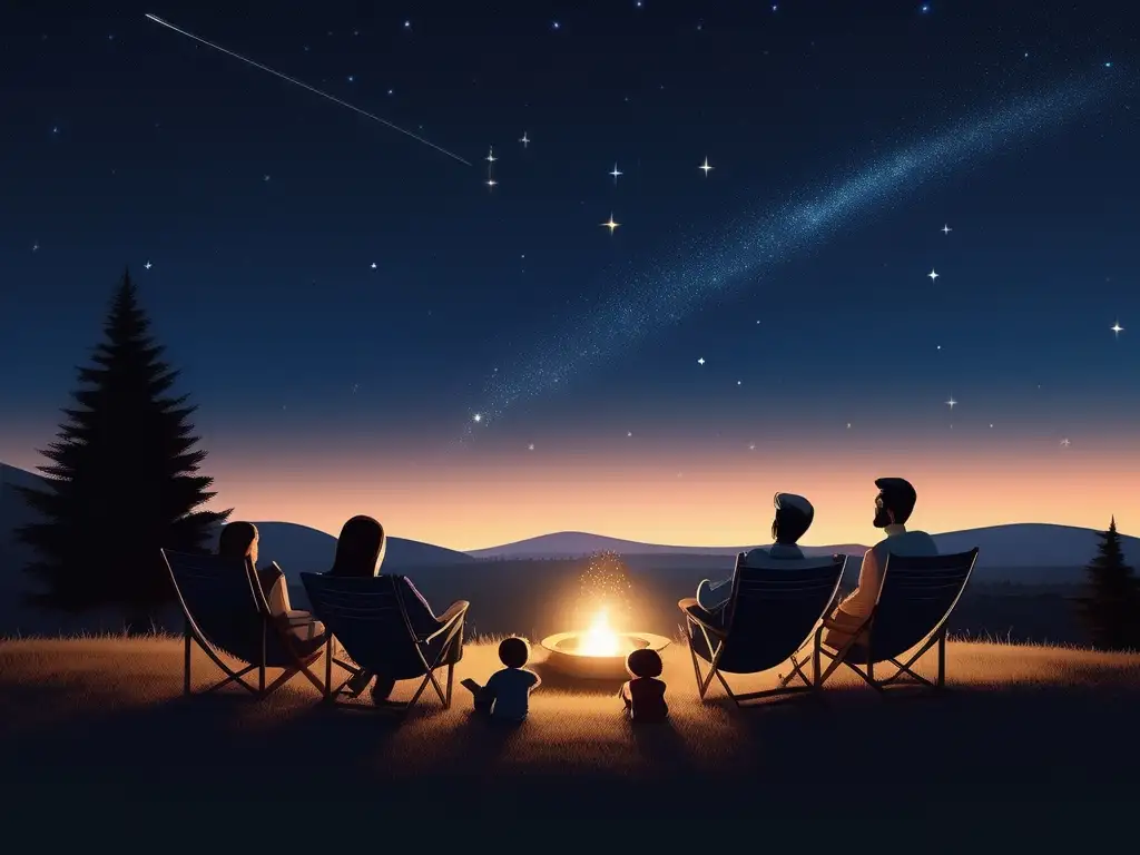 Familia admirando estrellas en la noche Familia admirando el cielo nocturno, preparación niños turismo astronómico