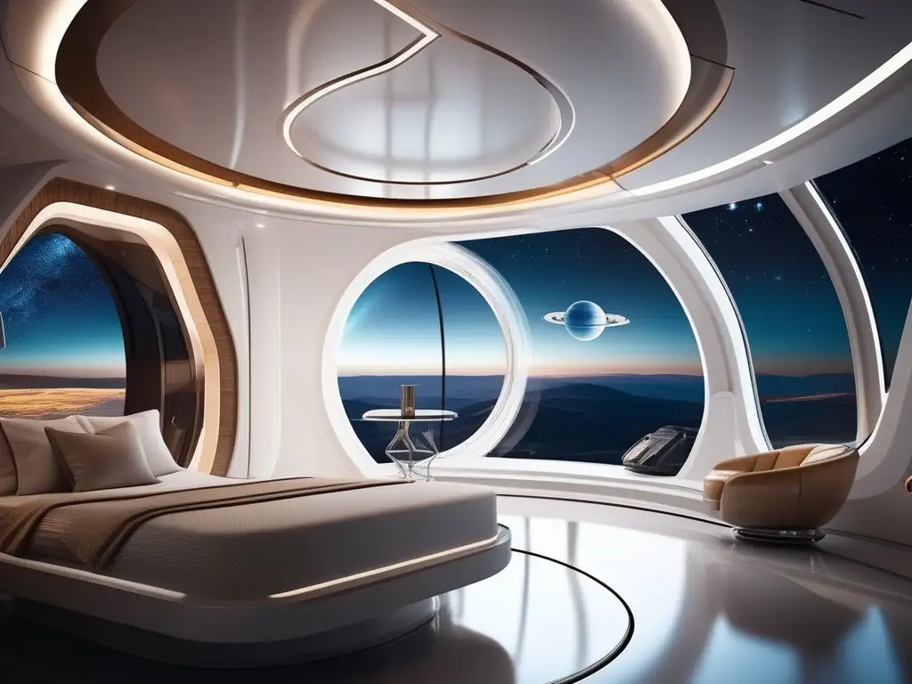 Hotel espacial futurista en el cosmos Futuro del turismo espacial: Hotel flotante en el espacio con vistas panorámicas a planetas y estrellas
