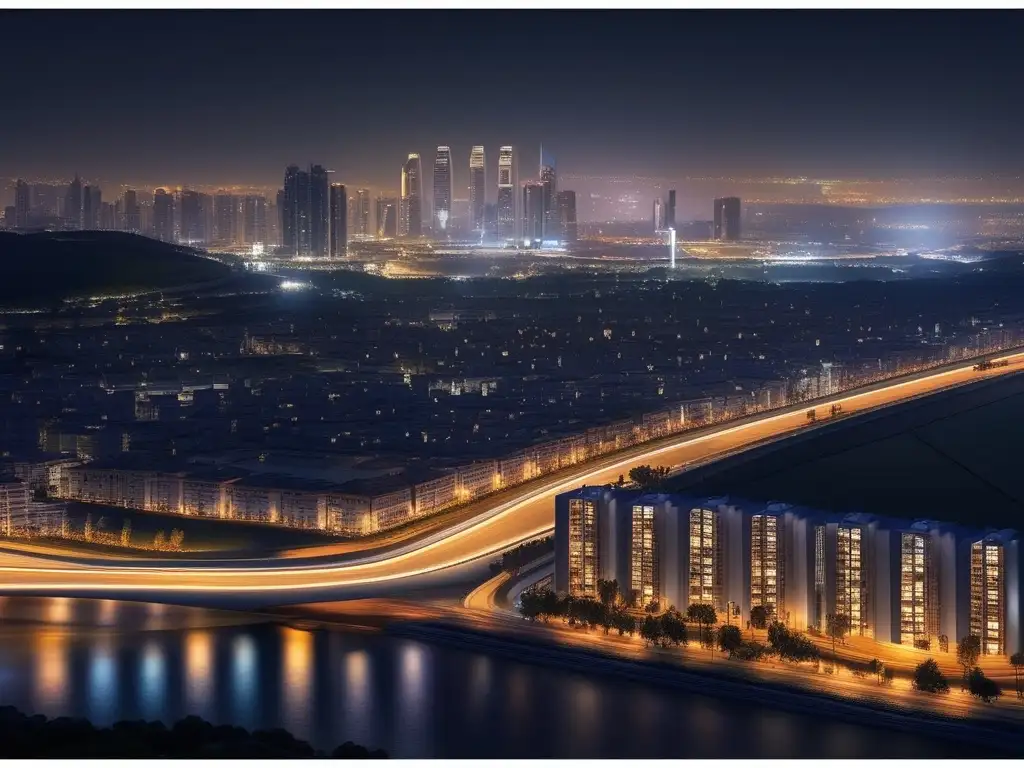 Iluminación urbana minimalista y moderna Ciudad nocturna con iluminación moderna y minimalista