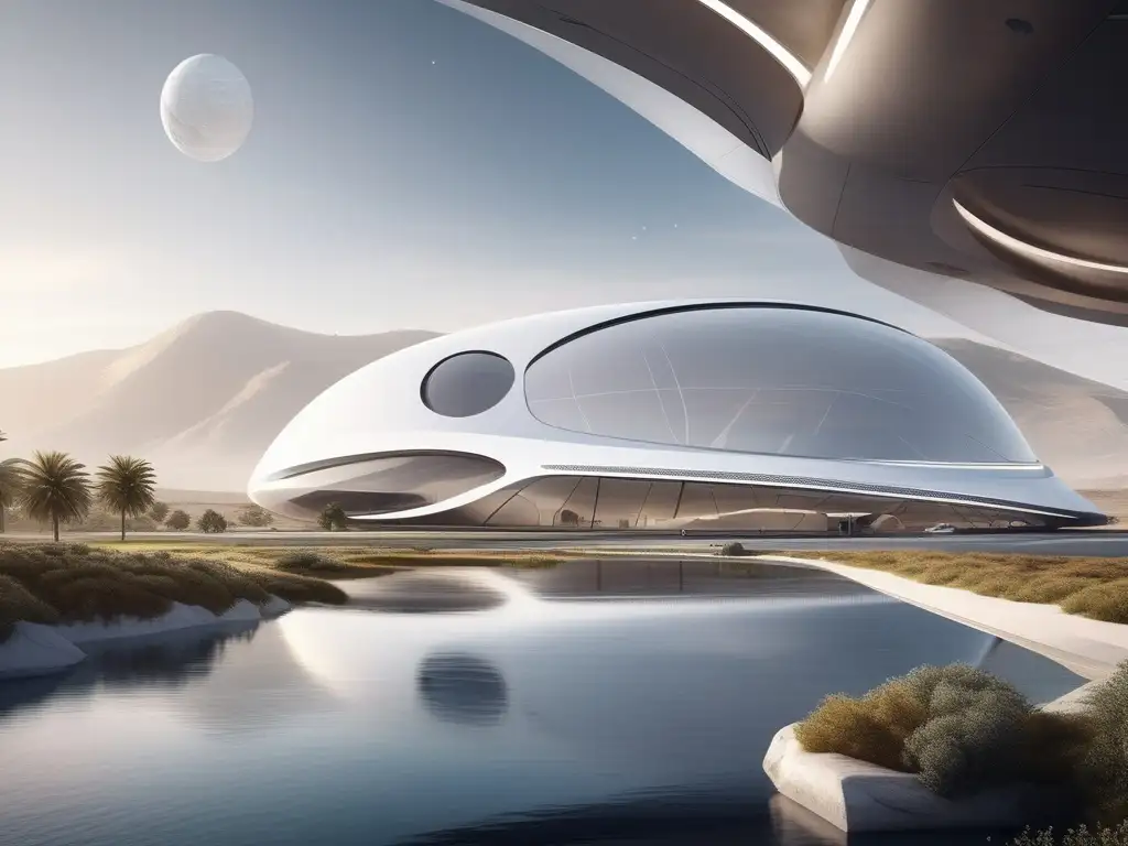 Futuro puerto espacial en paisaje pintoresco Empresas turismo espacial futuro: Futurista espacioport en paisaje pintoresco, con arquitectura minimalista y naves espaciales vanguardistas