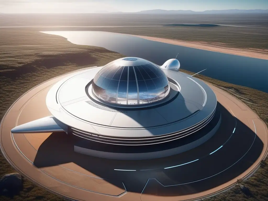 Futuro espacio turismo: puerto espacial y paisaje natural Futuro turismo espacial: espacioport minimalista con vista a la Tierra, nave espacial futurista lista para despegar