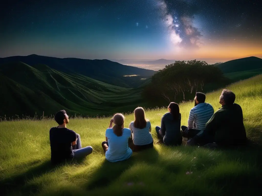 Grupo disfrutando de la astronomía Grupo de personas en colina rodeada de vegetación, observando constelaciones