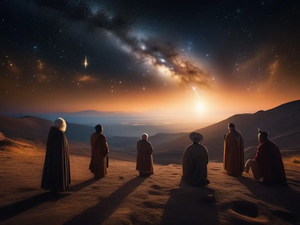 Sabios ancestrales comparten sabiduría estelar Tradición oral astronomía antigua: Ancianos compartiendo sabiduría estelar, uniendo pasado y presente