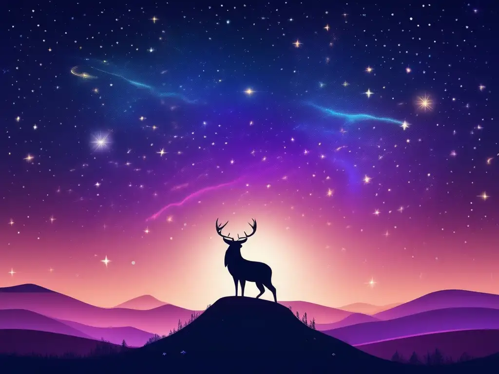 Noche estrellada con constelaciones Ilustración minimalista y moderna de un cielo estrellado con constelaciones en tonos vibrantes de azules y morados