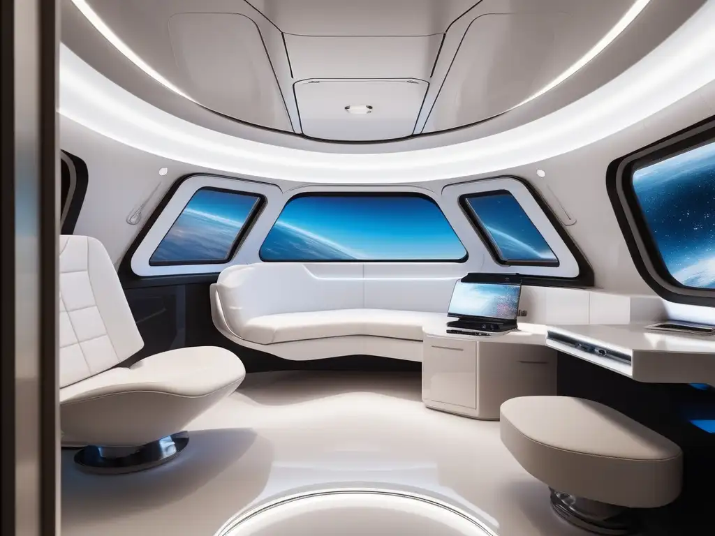 Interior moderno y minimalista de cápsula espacial Consejos para reducir estrés en viaje espacial: Interior minimalista y moderno de una cápsula espacial