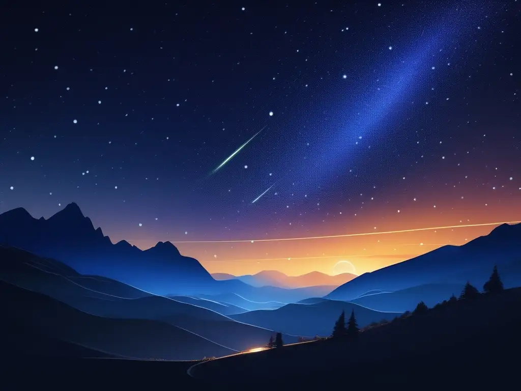 Impresionante lluvia de meteoros en la noche estrellada Impacto lluvias estrellas biodiversidad: Noche estrellada con meteoritos, colores vibrantes y diseño moderno