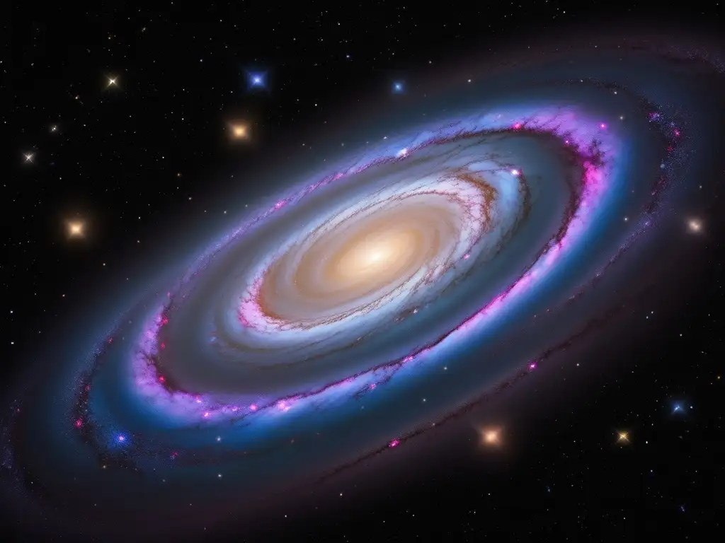 Galaxia radio en el espacio Descubriendo radiogalaxias: imagen cautivadora de una radiogalaxia en el espacio, con estrellas brillantes y un agujero negro en su centro