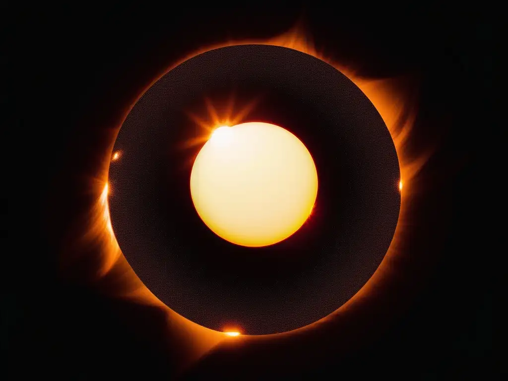 Eclipse solar perfectamente alineado Imagen impresionante de un eclipse solar con detalles ultradefinidos, mostrando la alineación perfecta de la luna y el sol