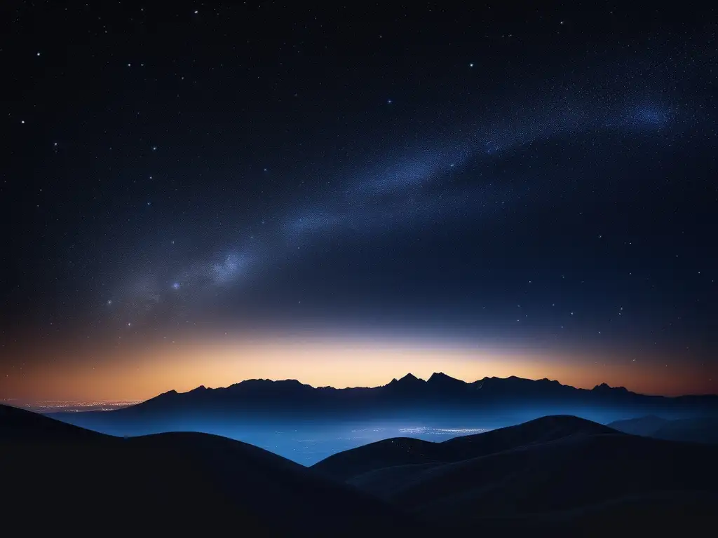 Noche estrellada con paisaje tranquilo Lugares para observar el cielo nocturno: Imagen de la Vía Láctea y estrellas en un cielo nocturno sereno, con montañas y árboles silueteados