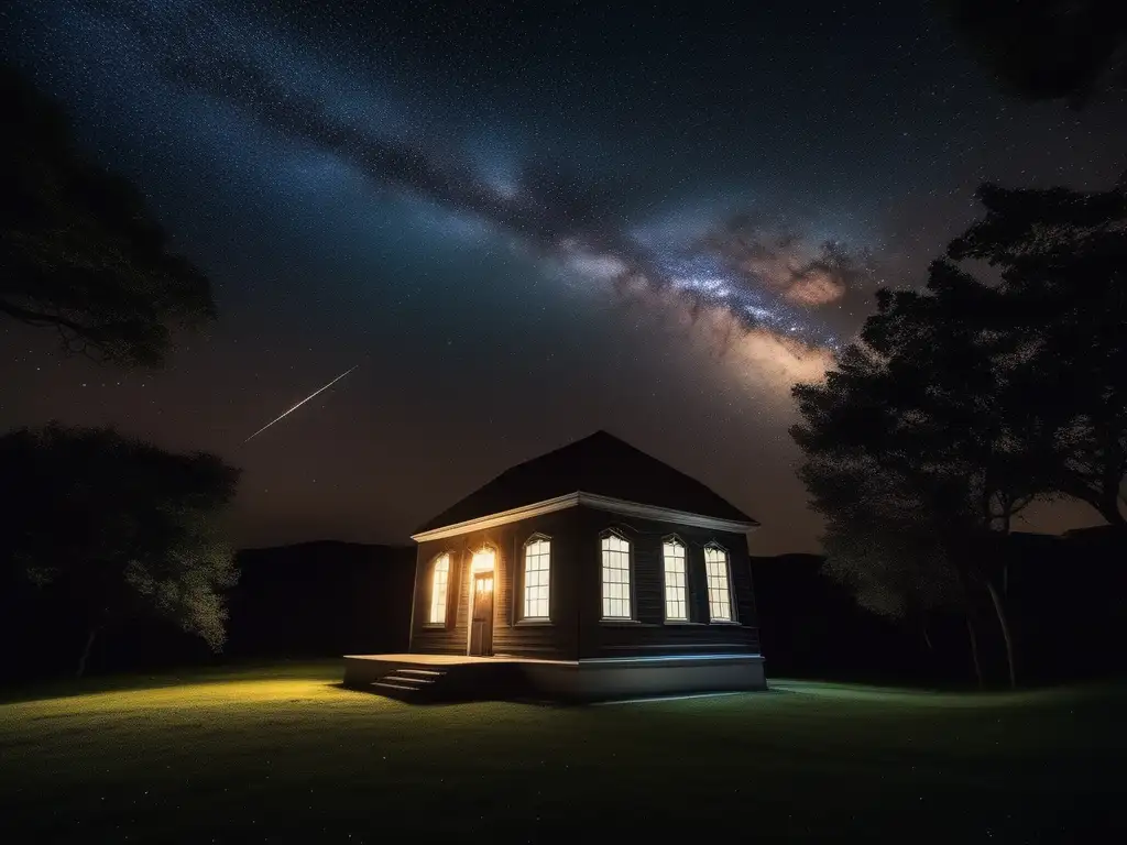 Noche estrellada y conservación del cielo oscuro Importancia educación conservación destinos astronómicos: Sereno cielo nocturno lleno de estrellas, la Vía Láctea y un edificio escolar