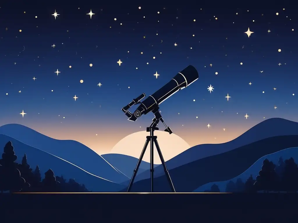 Noche estrellada con telescopio Equipo necesario para turismo astronómico principiantes: ilustración minimalista de un cielo nocturno sereno lleno de estrellas