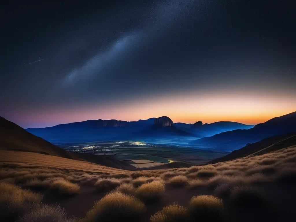 Paisaje nocturno estrellado en 8k Astrofotografía de paisajes estelares: secretos y consejos con imagen de noche estrellada en campo abierto rodeado de montañas