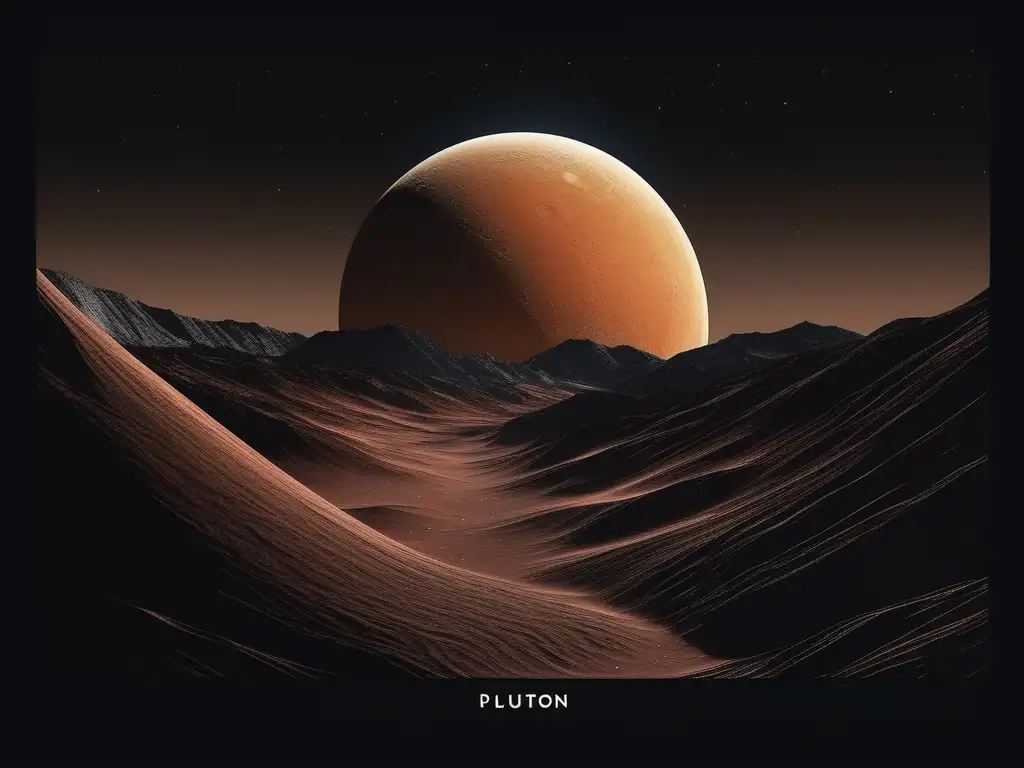 Plutón: Planeta rojizo y aislado Descubriendo los misterios de Plutón: imagen minimalista y moderna que muestra su superficie rojizo-marrón, terreno helado y aislamiento en el espacio