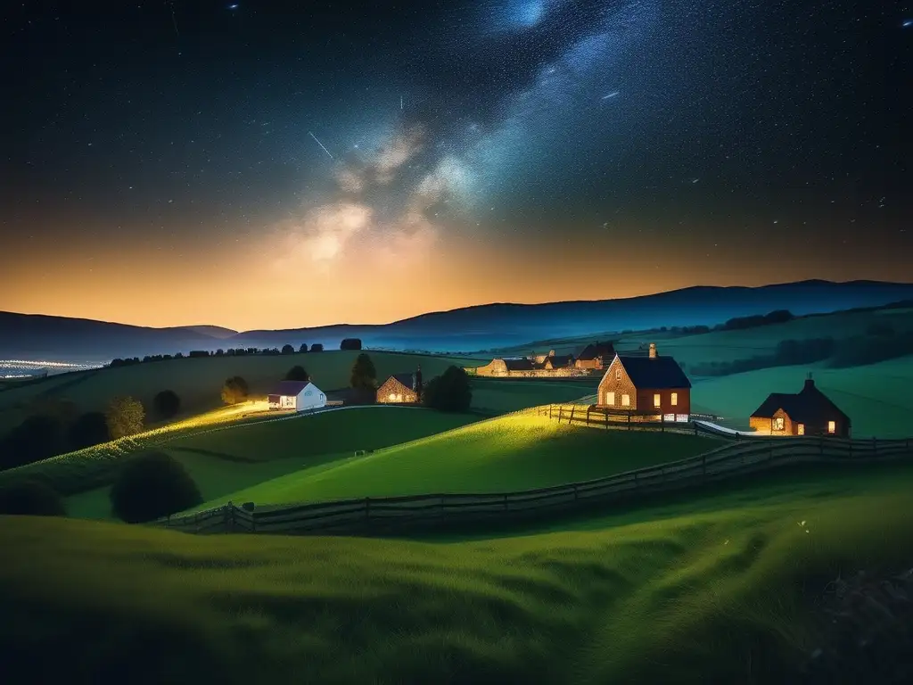 Turismo astronómico en zonas rurales: paisaje rural nocturno con una villa encantadora y cielo estrellado