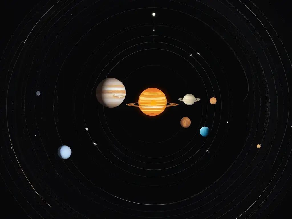 El sistema solar con los planetas en alineación Influencia tránsitos planetarios astrología: imagen 8K detallada, minimalista, planetas Júpiter, Saturno y Urano alineados, estética moderna