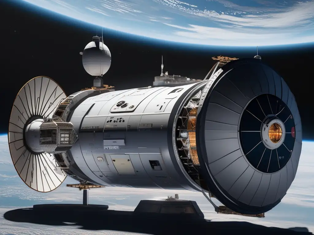 Estación espacial minimalista en el espacio Consejos reducir ansiedad espacial: Módulo espacial minimalista con vista al cosmos, iluminación suave, rincón de lectura acogedor