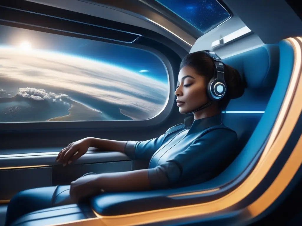 Pasajero relajado en nave espacial Consejos para evitar el mareo espacial: relajada pasajera en cómodo asiento, vista panorámica de la Tierra desde una nave espacial moderna