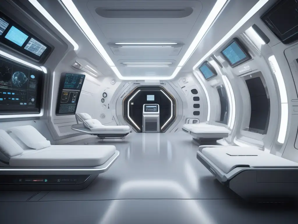 Interior futurista y médico de estación espacial Interiores futuristas de estación espacial: Preparación saludable para viajes espaciales