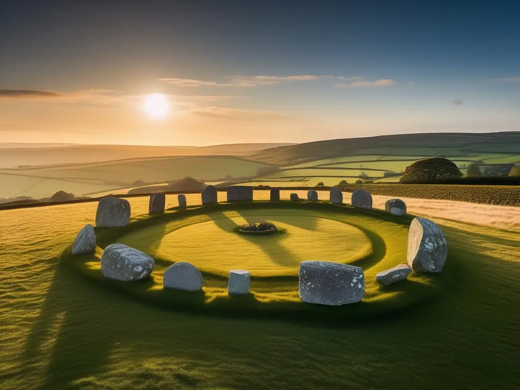 Antiguo círculo de piedra en la campiña irlandesa Lugares arqueoastronómicos Irlanda celtas: Antigua piedra círculo en paisaje irlandés con estética minimalista y moderna