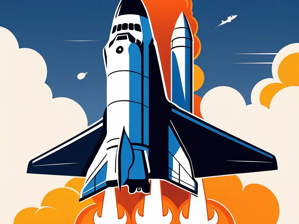 Lanzamiento de transbordador espacial Viaje espacial seguro: lanzamiento elegante de un transbordador al cielo, con contraste blanco y azul, resaltando la potencia y diseño del cohete