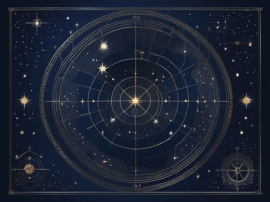 Mapa celeste con constelaciones delicadas y detalladas Influencia de tránsitos planetarios en astrología: mapa celestial con constelaciones intrincadas y elegantes en un fondo azul oscuro