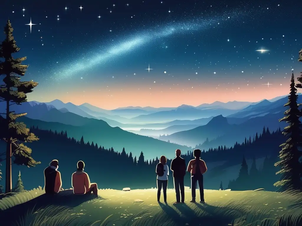 Cielo nocturno estrellado con astrónomos Astronomía: Cielo estrellado, constelaciones, Milky Way
