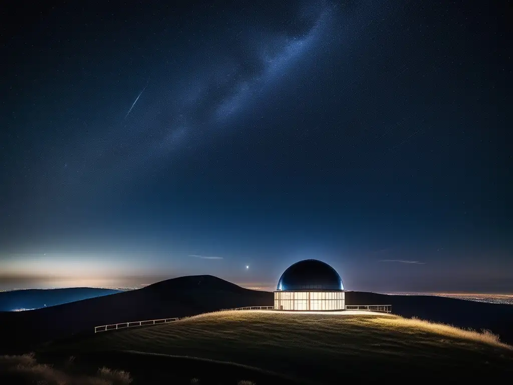 Paisaje estelar con observatorio Historia turismo astronómico: observación estelar en un paisaje sereno con observatorio moderno y millones de estrellas brillantes